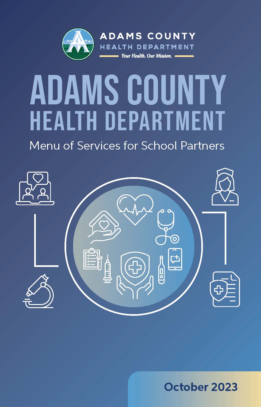 Cover of the Adams County Health Department's Menu of Services booklets for their school partners. Published October 2023. 