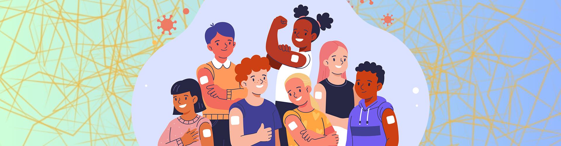 Banner header for Immunizations page as cartoons showing kids