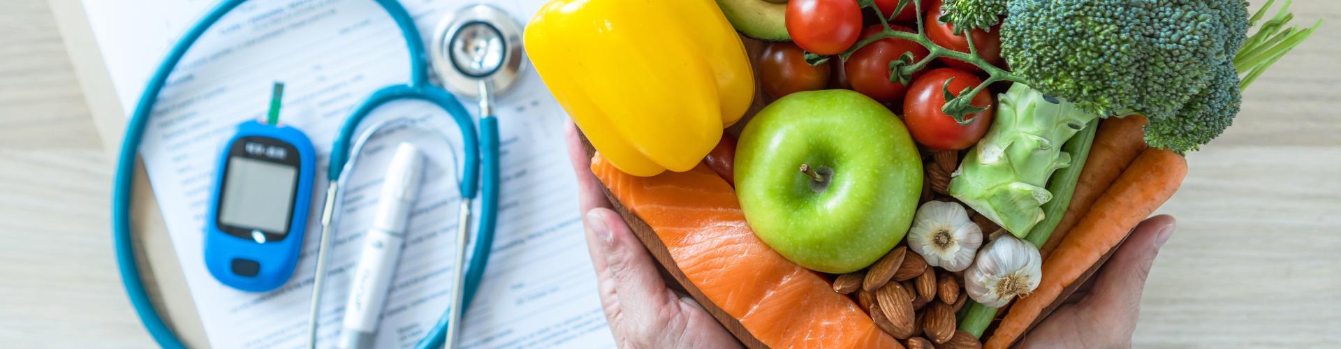Picture of bowl of vegetables and doctor's chart.