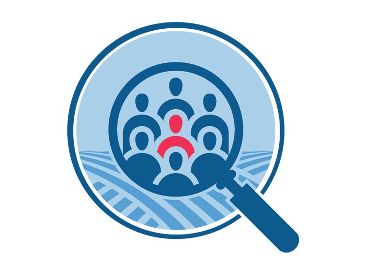 Epidemiology and Data Science division icon depicting a group of people inside a magnifying glass