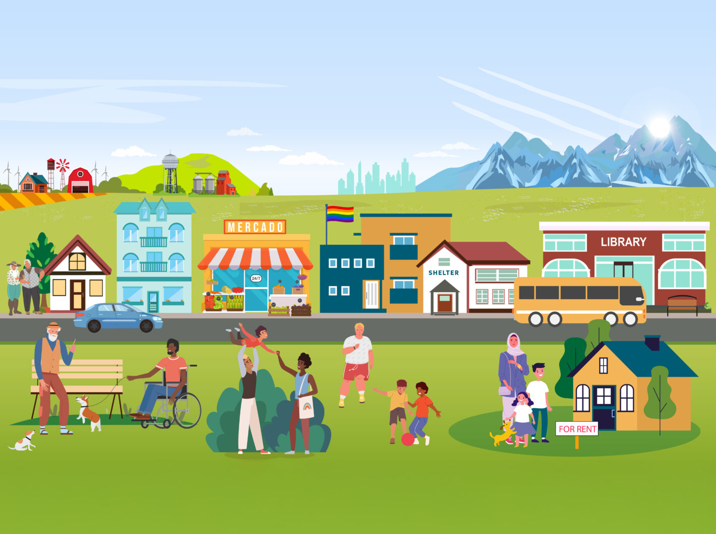 Community landscape with diverse people, families, and buildings labeled Mercado, Shelter, Library, and For Rent sign.