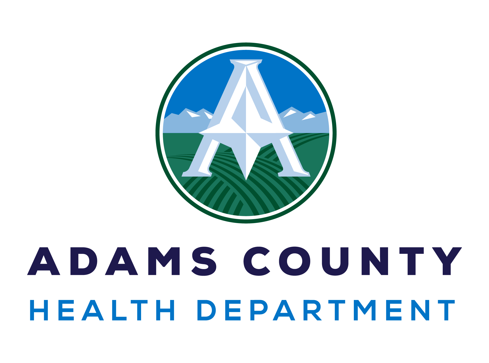 Adams County Health Department logo with mountains and fields in circle