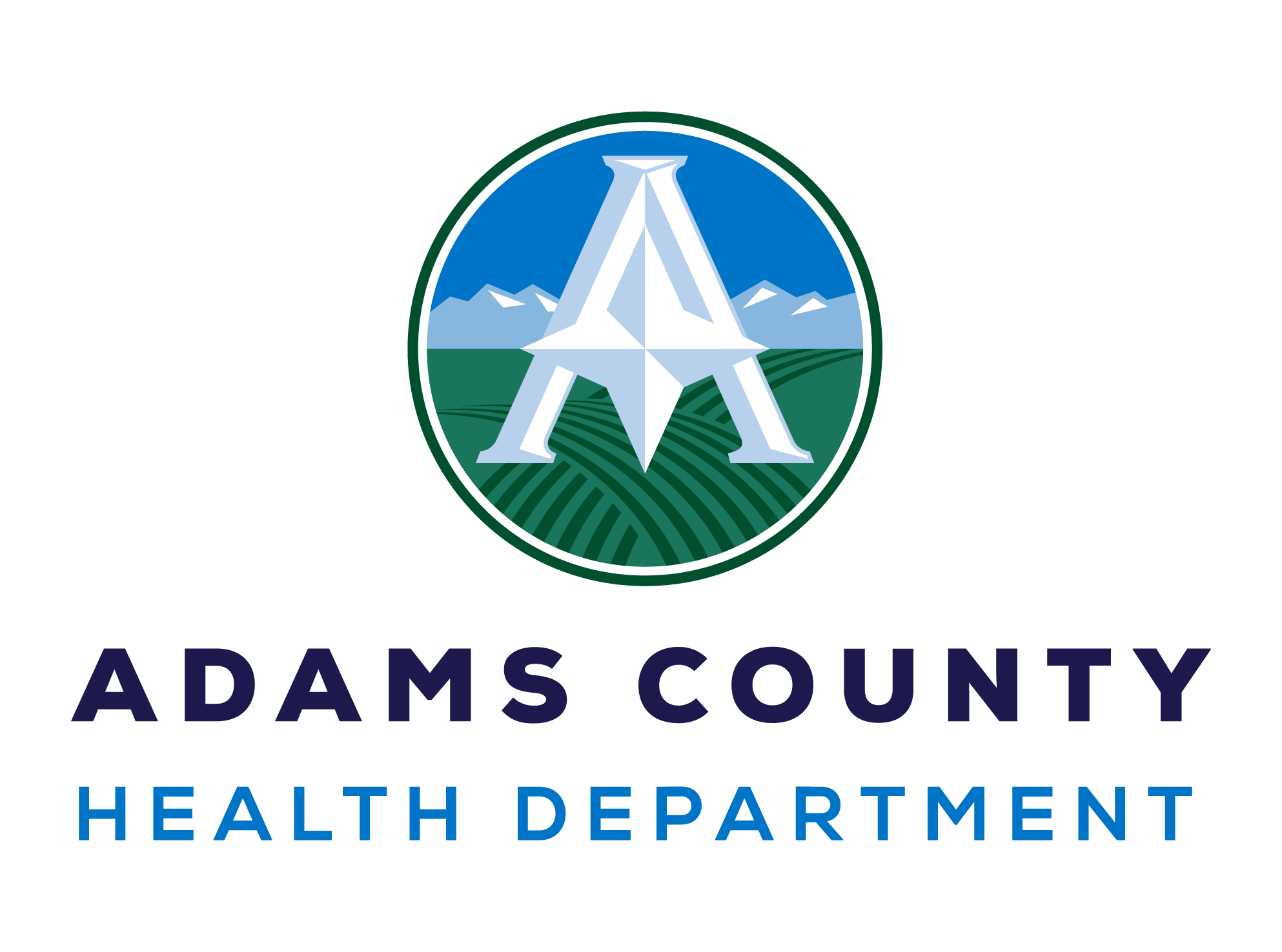Adams County Health Department logo with mountains and fields background
