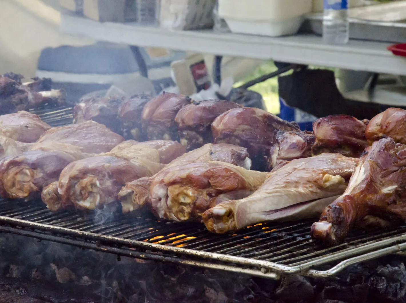 Photo of grilled turkey legs sizzling over open flames at outdoor barbecue