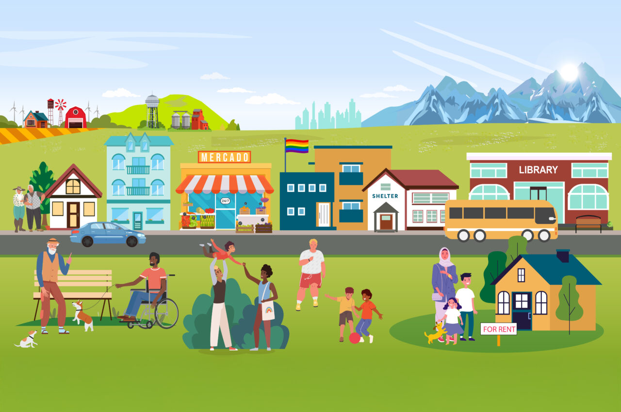 Community landscape with diverse people, families, and buildings labeled Mercado, Shelter, Library, and For Rent sign.