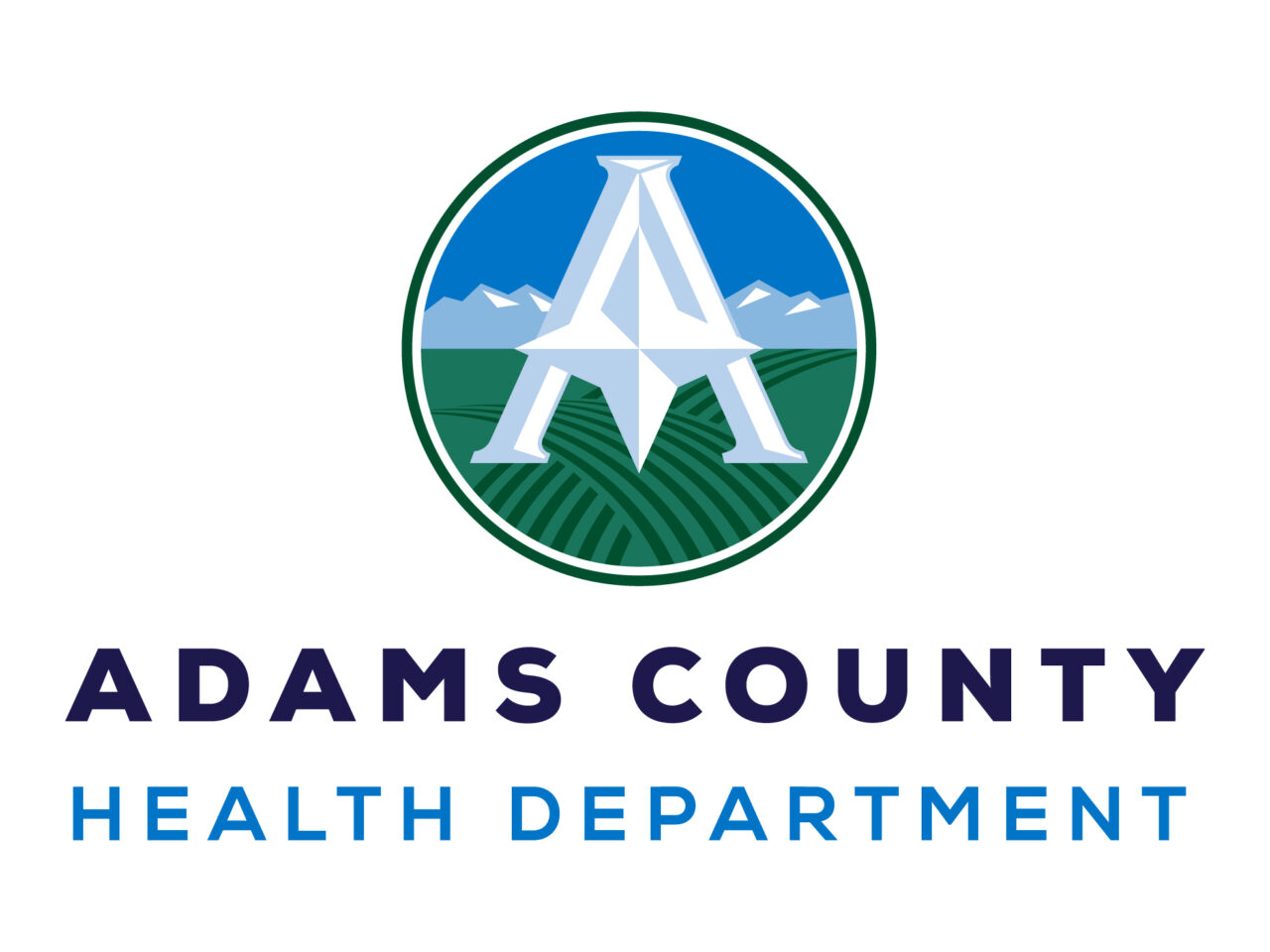 Adams County Health Department logo with stylized "A" over fields and mountains