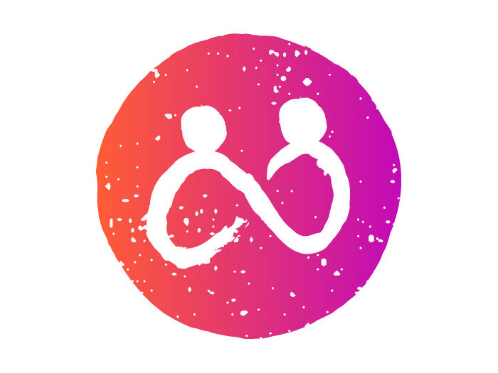 Logo featuring an abstract infinity symbol resembling two figures, inside a textured circle with a pink to orange gradient